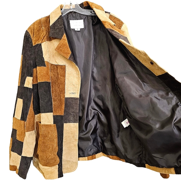 Studio C Retro Patchwork Leather Collared Longsleeve Button Front Jacket… - Picture 9 of 17